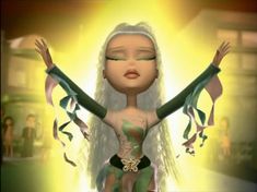 an animated image of a woman with white hair and green dress, holding her arms out