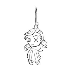 a black and white drawing of a girl hanging from a rope with her eyes open