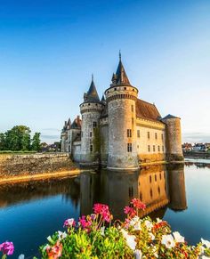 an old castle sitting on top of a river next to a lush green field filled with flowers