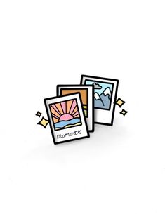 three cards with the sun and mountains on them are sitting next to each other in front of a white background