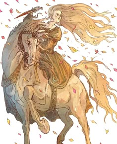 a drawing of a woman riding on the back of a white horse with her hair blowing in the wind