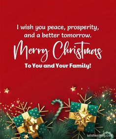 merry christmas greeting card with presents and stars on red background, holiday wishes for family