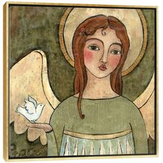 an angel holding a white dove in its right hand