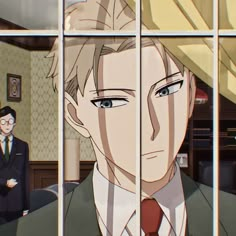 an anime character looking out the window with another person in the background behind him wearing a suit and tie