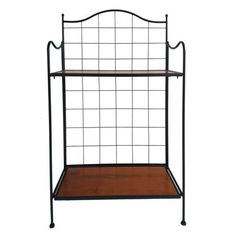 an iron and wood shelf with two shelves on each side, against a white background