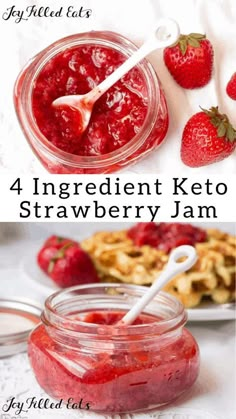 strawberry jam in a jar with strawberries next to it