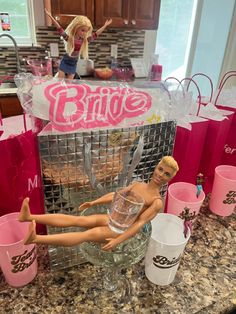 Ken doll in margarita glass holding a shot glass for Barbie themed bachelorette party Barbie And Ken Bachelorette Party, Bridal Barbie Bachelorette, Barbie Bachelorette Party Decorations, Barbie Hens Party, Barbie Bachelorette Party Ideas, Barbie Theme Bachelorette Party, Bachelorette Party Barbie, Barbie Themed Bachelorette Party