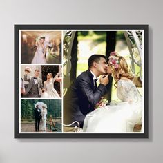 a wedding photo collage with the bride and groom kissing