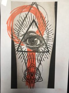 an eye is shown in the middle of a piece of paper with red and black ink