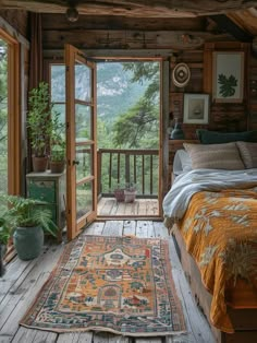 a bedroom with wooden walls and flooring has a large rug on the floor next to the bed