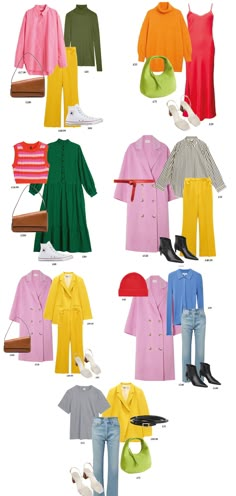 Colorful Smart Casual Outfit, Casual Outfits Bright Colors, Fall Outfits 2024 Colorful, Dopamine Dressing Capsule, Colourful Fashion Outfits, Fashion Outfits Colourful, Gen Z Wardrobe Essentials, Dopamine Capsule Wardrobe, Colorful Minimalist Outfits Women