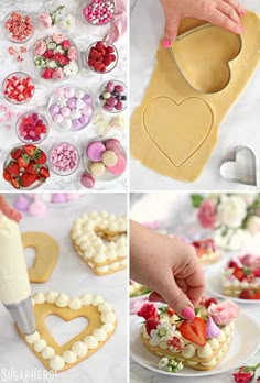 the process of making heart shaped cookies with icing and flowers on them is shown