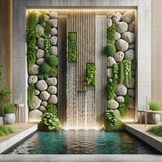 an indoor waterfall with plants and rocks on the wall, surrounded by green foliages