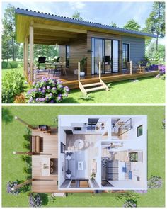 two pictures showing the inside and outside of a small house with an open floor plan