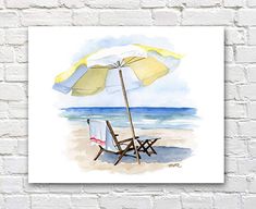 a watercolor painting of a beach chair with an umbrella on the sand, against a white brick wall