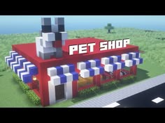 the pet shop is made out of lego blocks and has a large sign on it