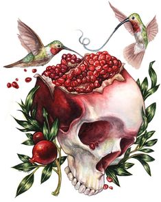 a drawing of a skull with fruit on it and two hummingbirds flying over it