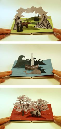 three different views of an open book with paper cutouts