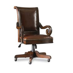 an office chair with leather upholstered back and arm rests on casteor wheels