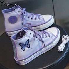 Purple Kawaii Butterfly Embroidery Canvas Sneakers on Storenvy Boty Converse, Hip Hop Sneakers, Butterfly Shoes, Purple Canvas, Dr Shoes, Purple Sneakers, Butterfly Embroidery, Aesthetic Shoes, Swag Shoes