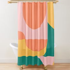 a shower curtain with an abstract design in pink, yellow and green on the outside