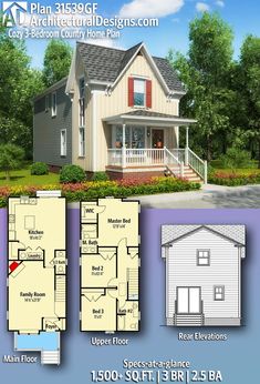 the floor plan for this two story house is shown in three different colors and sizes