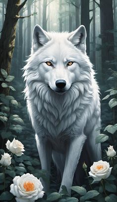 a white wolf standing in the middle of a forest next to flowers and trees with yellow eyes