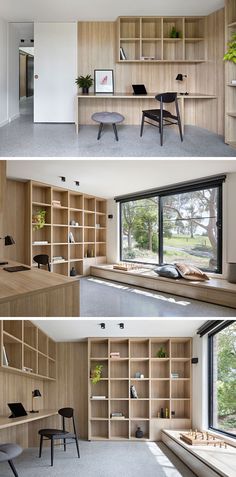 three different views of the inside of a home office with open shelving and desks