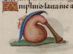 an illustration of a pink flamingo with a hammer in it's mouth, from a medieval manuscript