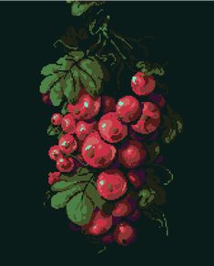 a cross stitch pattern of red berries and green leaves on a black background with text