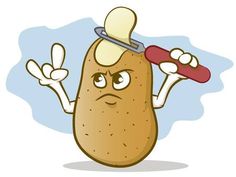 a potato character with a knife on his head and hands in the air, holding two fingers