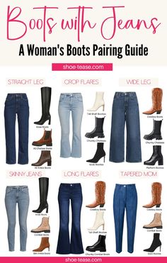 If you're looking for inspiration on what boots to wear with jeans of different styles for various occasions, I have a resourve for you! From wide leg jeans and boots outfits, jeans and ankle boots outfit, and boots for straight leg jeans, skinny jeans, barrel jeans, flare jeans, boyfriend jeans, mom jeans and cropped jeans, check out all the ways to styles boots with jeans this season at shoe-tease.com! Boots For Straight Leg Jeans, Boots To Wear With Jeans, Short Boots Outfit, Ankle Boots Outfit, Jeans Boots Outfit, Boots With Jeans, Chunky Combat Boots, How To Wear Ankle Boots, Best Boots