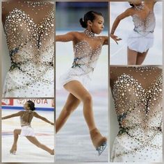 the figure skater is dressed in white and has lots of sparkles on her body