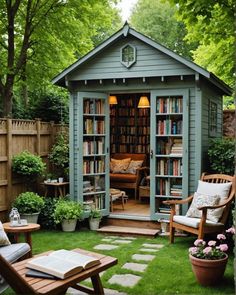 a small garden shed with an open door and bookshelf in the back yard