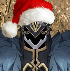 a person wearing a santa hat and armor