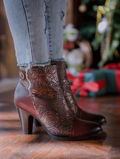 Look no further than these beautiful floral leather ankle boots! With their intricate floral design, premium quality leather construction, and comfortable fit, these boots are the perfect blend of fashion and functionality. 1.96" heel 4.8" shaft 12.2'' circumference Zip & buckle closure Leather upper Leather lining Bo Ho, Leather Patterns, Reindeer Headband, Color Magic, Fall Collection, Dress Jewelry, Womens Boots Ankle, Metallic Leather, Leather Ankle Boots