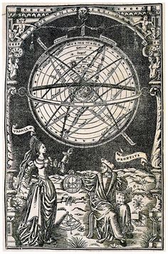 a drawing of a man and woman standing in front of a large globe