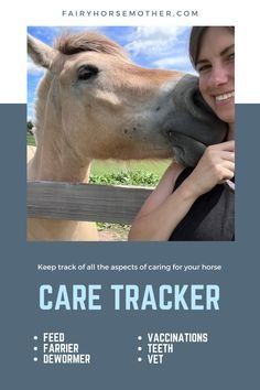 a woman petting a horse that is standing in front of a fence with the words care tracker written on it