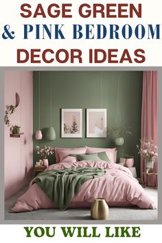 a bedroom with pink and green decor on the walls, bedding and nightstands