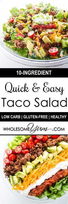 two plates filled with taco salads and the words quick & easy taco salad