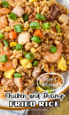 chicken and shrimp fried rice in a bowl