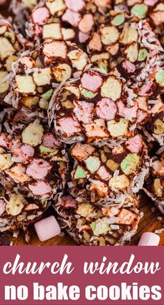 some kind of candy bar that is on top of a wooden table with the words church window no bake cookies