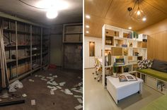 two pictures side by side, one with bookshelves and the other with papers strewn on the floor