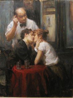 a painting of two people sitting at a table with one woman touching the other's face