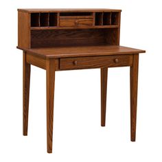 a wooden desk with an open drawer on the top and one drawer at the bottom