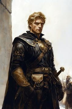 Yorrik Varrund stands tall with a robust, muscular frame. His sun-kissed skin holds a warm bronze hue, accented by a deep, jagged scar trailing from his left brow to the edge of his jaw. Short-cropped, sandy-blond hair frames his square jaw, leading to a thick neck adorned with scars. He wears dark leather armor that is well-worn and fitted, with a belt lined with various pouches. An ornate longsw...