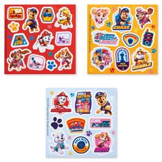 paw patrol stickers are shown in three different colors and shapes, including red, yellow, blue, and orange