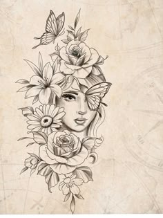 a woman's face with flowers and butterflies on her head, surrounded by roses