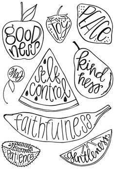 fruit and vegetables with the words good news on them in black ink, drawn by hand