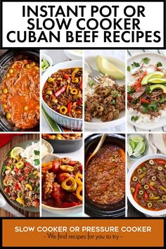 Pinterest image for Instant Pot or Slow Cooker Cuban Beef Recipes with 8 shown in serving bowls or slow cookers. Cuban Beef, Black Beans And Rice, Slow Cooker Recipes Beef, Electric Pressure Cooker Recipes, Cuban Food, Cuban Recipes, Air Fryer Recipes Healthy, Crockpot Meals, Slow Cooker Beef